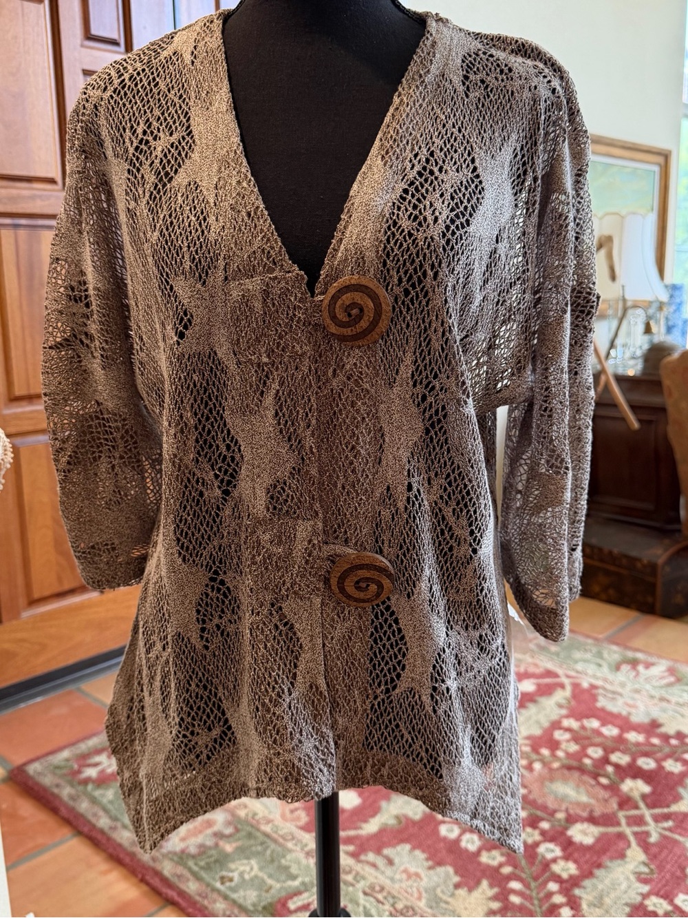 Lulu-B Open Knit Taupe Brown Women's Cardigan with Swirl Buttons